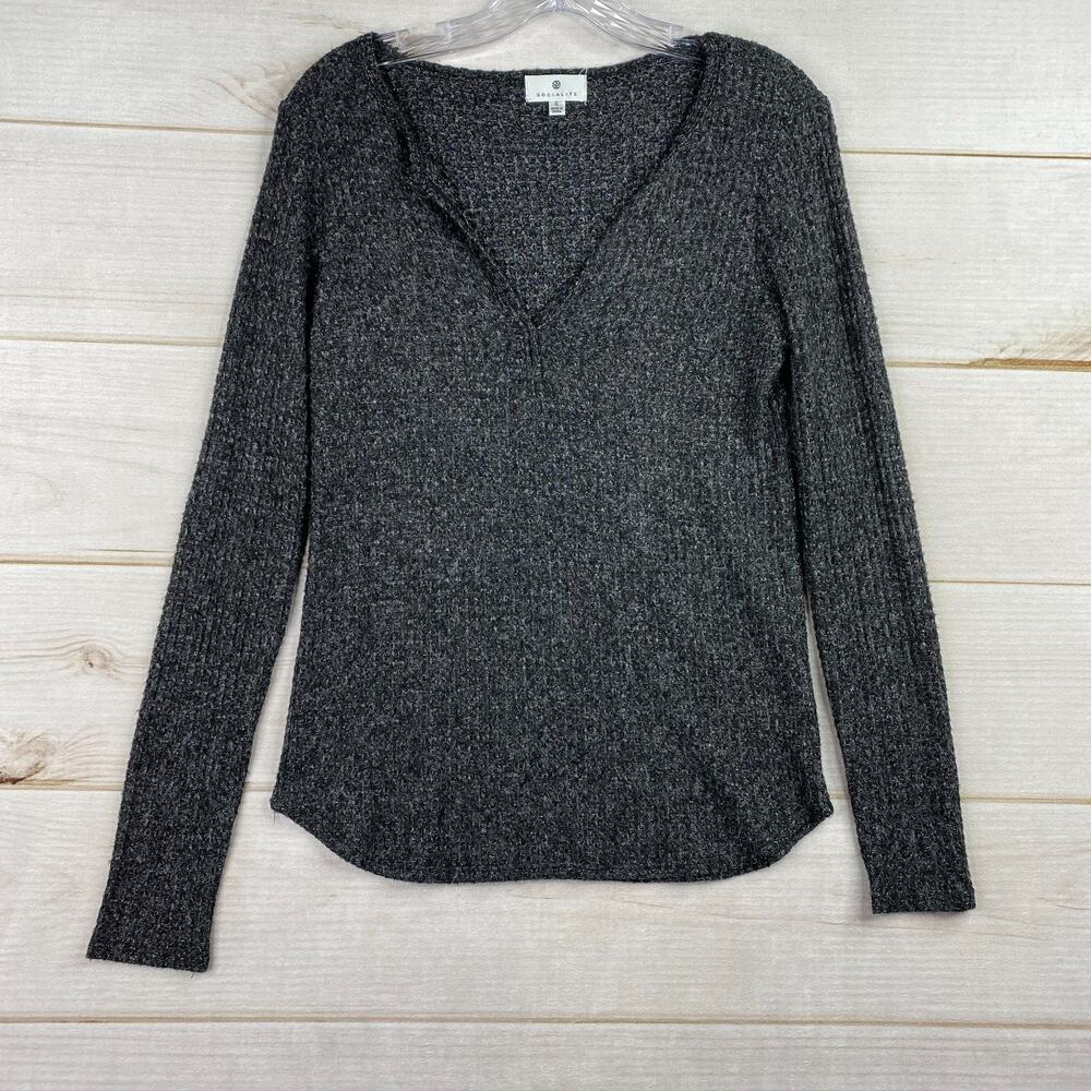Socialite Top Womens S Gray Black Long Sleeve Knit V Neck Stretch Waffle Weave